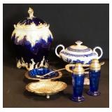 Painted Porcelain Ginger Jar, Cobalt Blue Glass Salt And Pepper Shakers, Silver Plate And Glass Vani