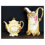 Lefton Painted 8" China Tea Pot With Gold Trim, And 12" Nippon Painted China Pitcher