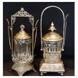 Antique Pickle Castors With Forks, Qty 2, 12" And 14", And Set Of Hourderves Forks