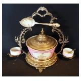 Antique Porcelain Berry Bowl Set With 9" Ornate Stand