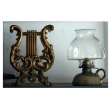 Handmade Pottery Oil Lamp With Glass Shade, Metal Lyre Harp Magazine Stand, And Vintage Battery Oper