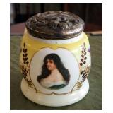 Antique Hand Painted Porcelain Vanity Jars With Lids, Qty 2, 5.5" & 6.5" Tall, And Mini Metal Photo 