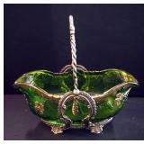 Vintage Green Glass Brides Basket With Delaware Pattern And Glass Creamer