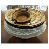 12" Milk Glass Pedestal Cake Stand, Round Glass Platters, Brass Ashtray, Raised Relief Wall Chargers