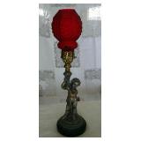 Antique Spelter Figural Oil Lamp With Frosted Ruby Red Chimney, 19" Tall