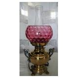 Antique Brass Oil Lamp With Cranberry Bubble Glass Shade, Converted To Electric, 19" Tall, Powers On