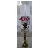 Antique Oil Peg Lamp With Hand Painted Scalloped Cranberry Shade, 21" Tall