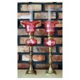 Antique Matching Peg Oil Lamps With Cranberry Scalloped Glass Shade And Font, Qty 2, 21" Tall