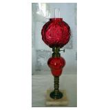 Antique Oil Banquet Lamp With Cranberry Font, Globe Shade & Marble Base, 15" Tall, And Peg Oil Lamp 