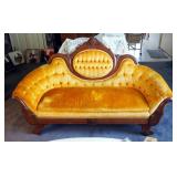 Antique Medallion Back Settee With Button Tufted Upholstery, 38" x 67" x 26"