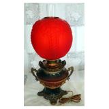 Antique Converted Oil Lamp With Frosted Ruby Red Shade, 25" Tall, With 9" Diameter Shade