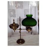 Antique Brass Student Lamp With Frosted Green Shade With Tufted Pattern, 27.5" x 20", Shade 12" Diam