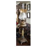 Antique Converted Oil Parlor Lamp With Marble Stem And Etched Shade 36.5" Tall, Shade Is 8" Diameter