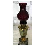 Antique Brass Oil Lamp With Ornate Ruby Red Chimney, 20" Tall