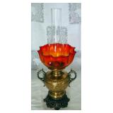 Antique Brass Oil Lamp With Scalloped And Etched Shade, 22" Tall