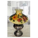 Antique Nickel-Plated Perfection Oil Lamp With Hand Painted Glass Shade, 22" Tall