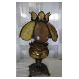 Antique Ornate Brass Oil Lamp With Golden Slag Glass Shade, 24" Tall