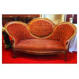 Antique Camel Back Settee With Button Tufted Velvet Upholstery, 37" x 73" x 28"