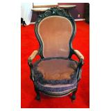 Antique Carved Wood Upholstered Arm Chair, 43" x 27" x 23"