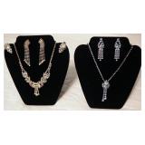 Rhinestone Costume Jewelry Including Necklace And Earring Sets And Clip-on Earrings, Qty 3