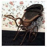 Antique Wicker Baby Stroller With 4-Wheels, 28" x 34" x 15"