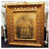 Antique Gesso Wood Frame With Glass And Portrait Of Baby, 31" x 27"