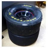 Nascar Tires, Qty 2, One Signed By Mark Martin, Stacked to Make Table Base, With Round Beveled Glass