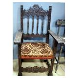 Antique Armchair With Carved Wood Frame And Upholstered Seat (May Need Repair) With American Indian 