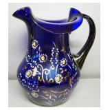 Hand Painted Cobalt Blue Glass Pitcher With 3 Matching Glasses