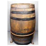 Wood Barrel In Metal Stand, Barrel Approx 18" High