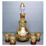 Painted Amber Decanter And Glasses With Floral Design