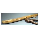 Hand Carved Wood Nutcracker And Stick With Carved Faces