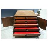 Wood Cutlery Casket With 2 Doors And 5 Fabric Lined Drawers