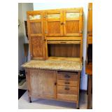 Antique Solid Oak Bakers Cabinet With Stained Glass Panel Doors, 3 Drawers And Caster Wheels, 67.75"