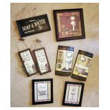 Bathroom Wall Decor Including Framed Under Glass" Calm & Relax" And Hand Painted Wood Signs, Qty 8