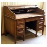 Vintage Solid Wood 6-Drawer Roll Top Desk, 41.5" X 48" X 29.25"