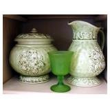 Dubois Design Toscano Green Cookie Jar, Water Pitcher With Crackle Finish, And Green Grass Goblet