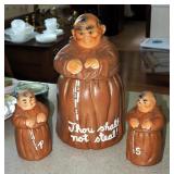 Twin Winton Friar Monk Ceramic Cookie Jar With Matching Salt And Pepper Shakers, 12" Tall