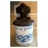 Antique Salt Box Crocks, One With Wood Lid And Beaumont Brothers Pottery Plates, Qty 2
