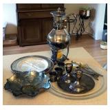 Duchin Creation Weighted Sterling Silver Candle Sticks, Sherdin Silver Plate Carafe, Napkin Rings, F