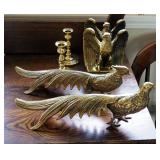 Vintage Brass Pheasants, Male And Female, Bicentennial Brass Eagle Bookends, And Baldwin Brass Candl
