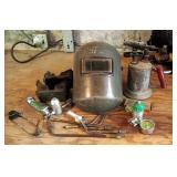 Vintage Blowtorch, Welding Hood And Goggles With Replacement Glass, Oxygen Pressure Gauges And Torch