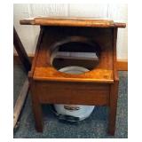 Antique Wood Commode With Lid, And Enamel Ware Chamber Pot With Bale Wire Handle