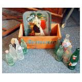 Pepsi, Coca Cola, And 7 Up Glass Sode Bottles, Coca Cola Tray, And Wood Armour Box