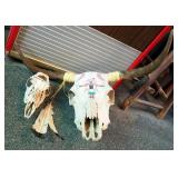 Painted Cow Skull, With Horns, And Deer Skull
