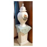 Ceramic Urn With Lid, 20" Tall, And Cast Concrete Column 20.5" Tall