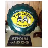 Tin 2 Dogs Lemon Brew Bottle Cap Sign 23" Round And Beware Of Dog Sign 10" X 14"