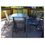 outdoor Metal Framed :Patio Set Inc,luding Glass Top Table, Chairs, Qty 5. Foot Stools And Side Tabl