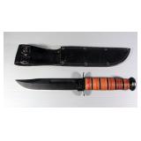 Ka-Bar USMC Fixed Blade Knife, 7" Blade, In Leather Sheath