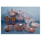 Pink Depression Glassware, Includes Fountain Glasses, Candy Dish, Plates And More, Qty 12